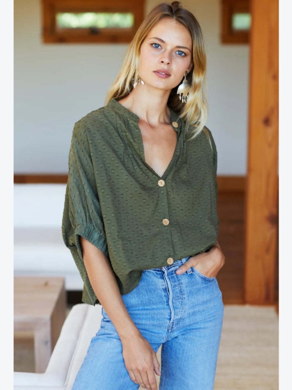 Emerson Fry India Collection Blouse Mandarin Collar in Swiss Dot Moss Green